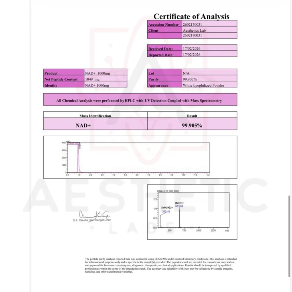 Certificado de análisis NAD+ 99.905% pureza por HPLC