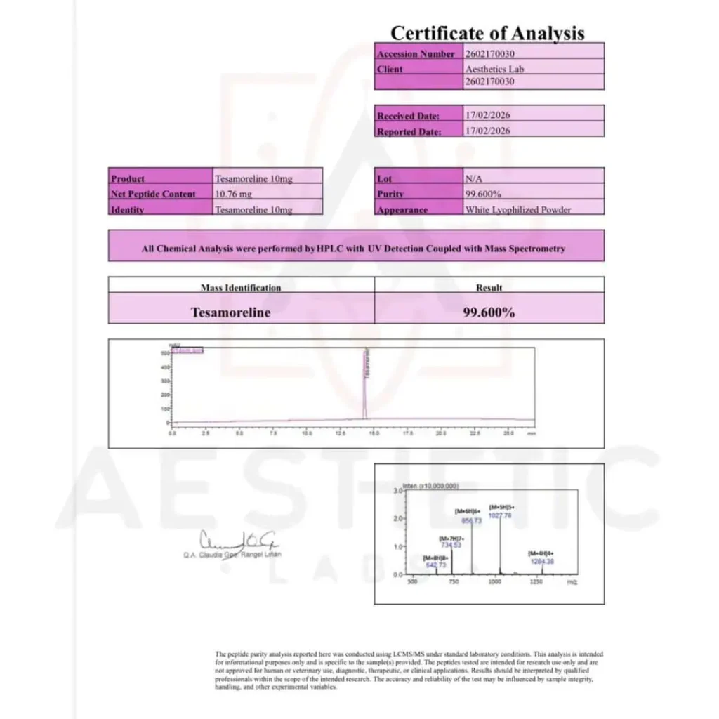 Certificado de análisis Tesamorelina 99.6% pureza por HPLC