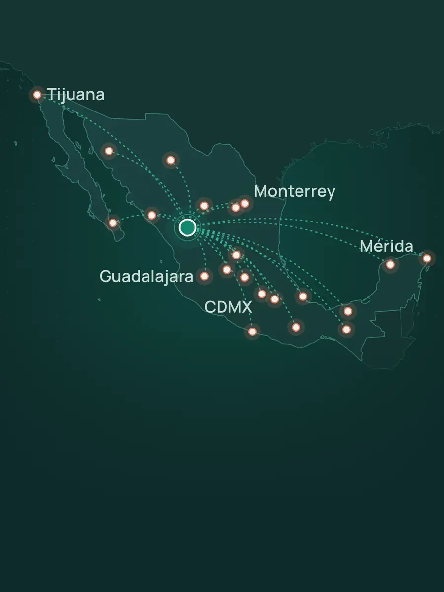 Mapa de México con rutas de envío discreto de BioFit a Tijuana, Monterrey, Guadalajara, CDMX, Mérida y más ciudades